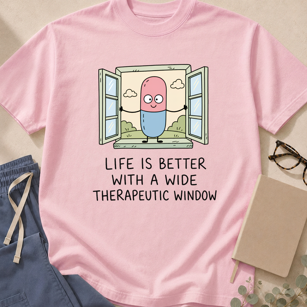 Alternate view of the 'Life Is Better With a Wide Therapeutic Window' garment-dyed pharmacology t-shirt.