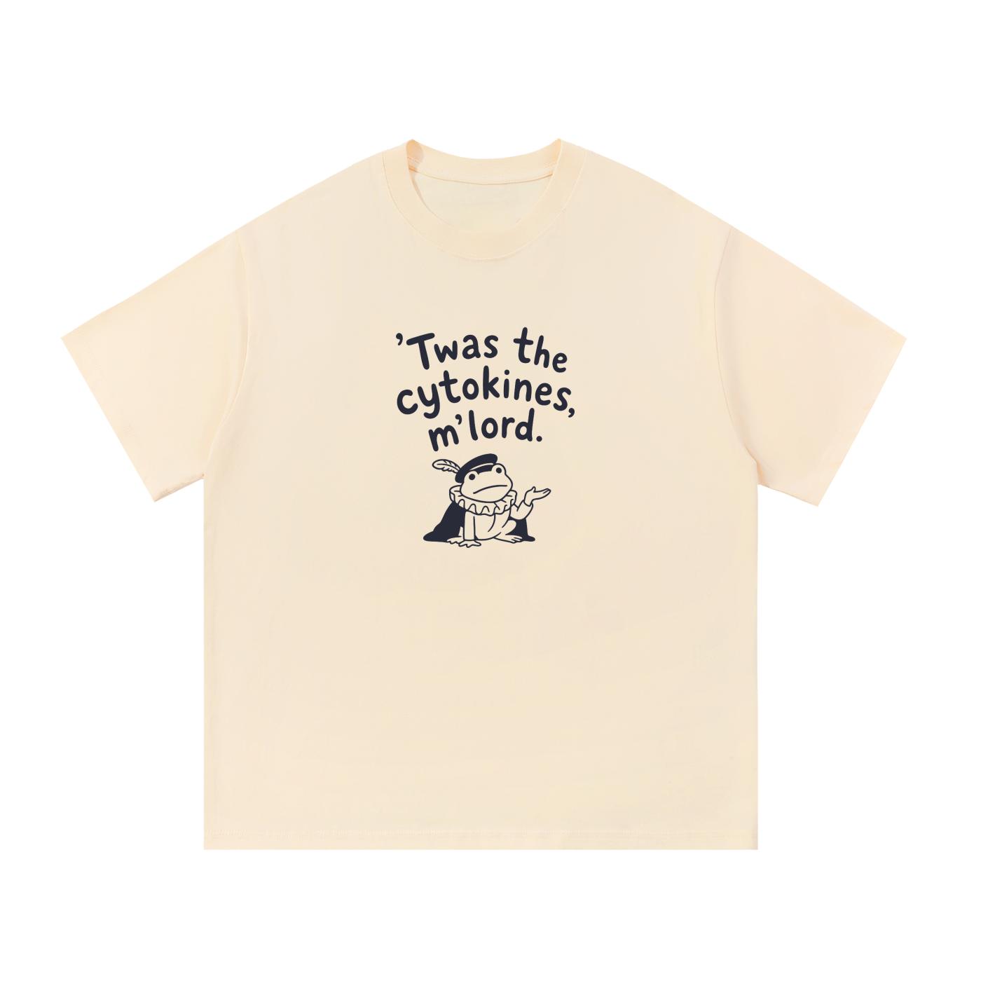 Mockup of blue cotton T-shirt with a small jester saying '"Twas the cytokines, m'lord."'.