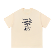 Mockup of blue cotton T-shirt with a small jester saying '"Twas the cytokines, m'lord."'.