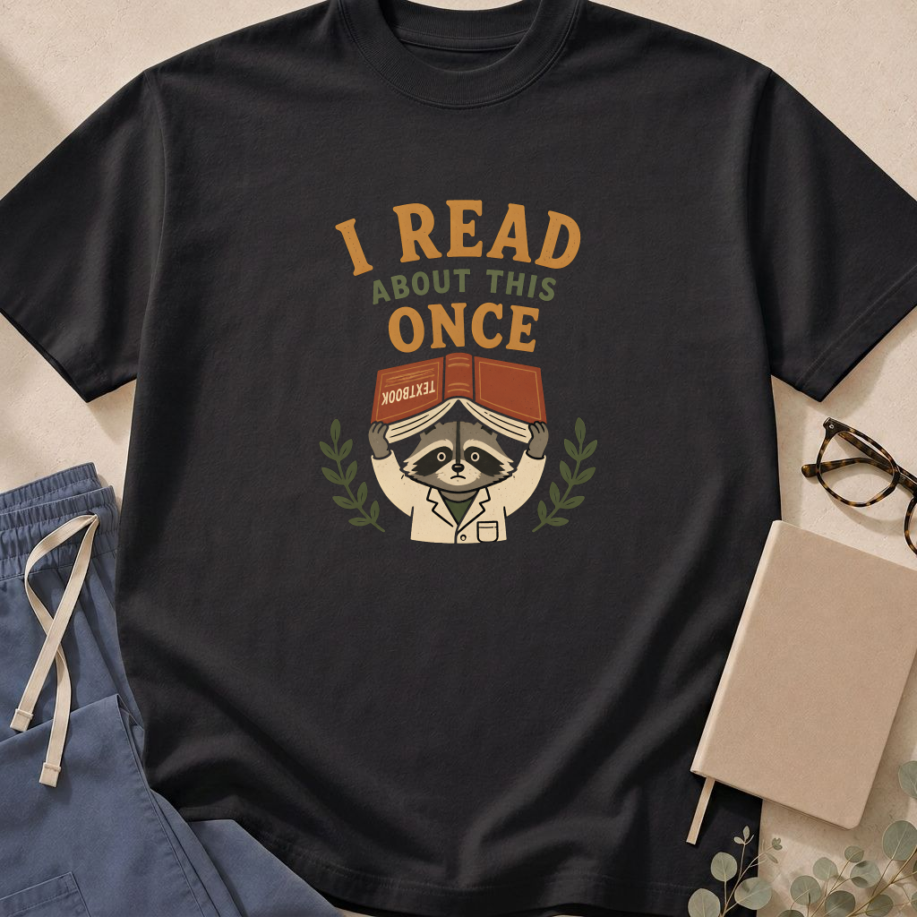 Garment-dyed unisex t-shirt printed with 'I Read About This Once' — medical school humor tee for med students and residents.