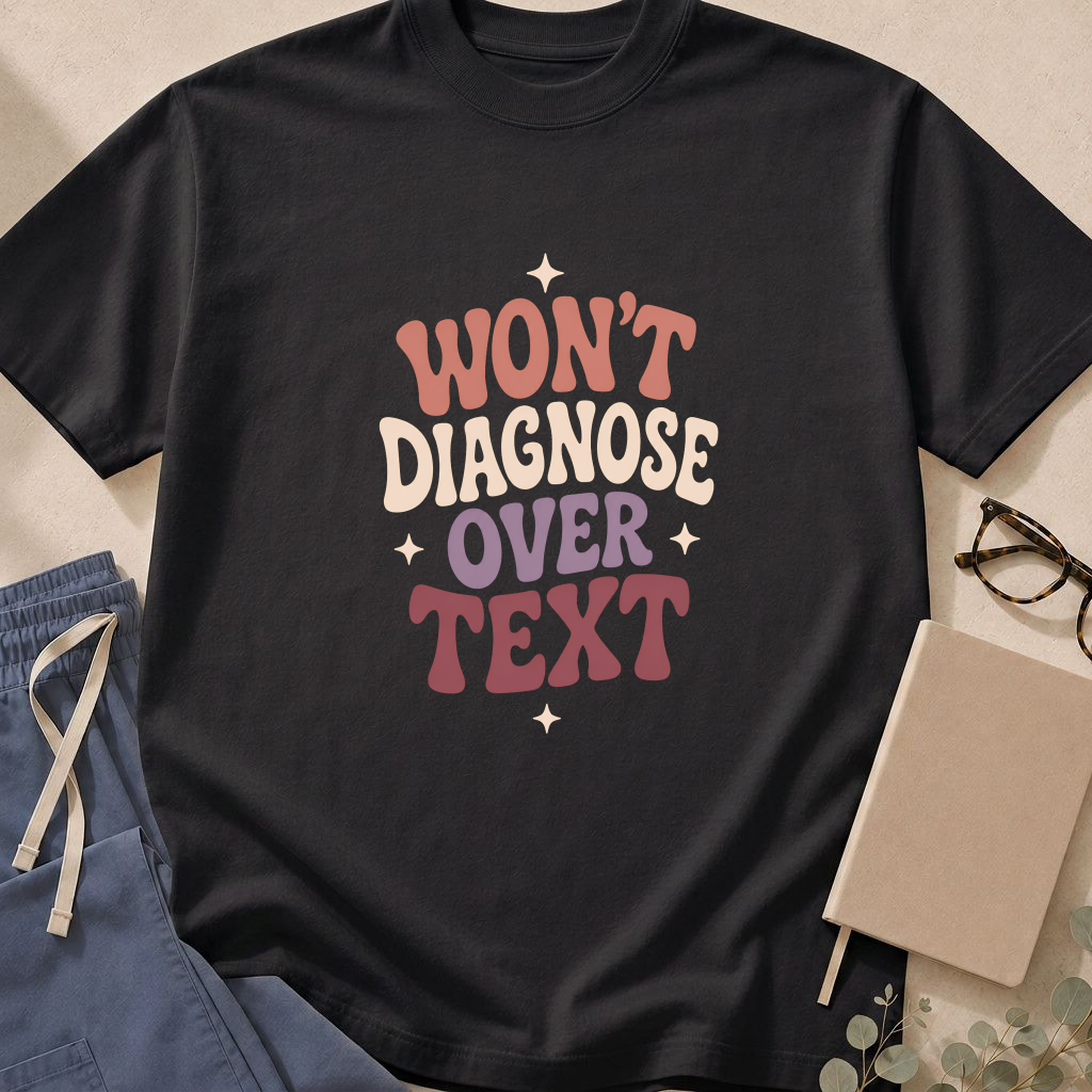 Garment-dyed unisex t-shirt printed with 'Won't Diagnose Over Text' — physician humor tee.