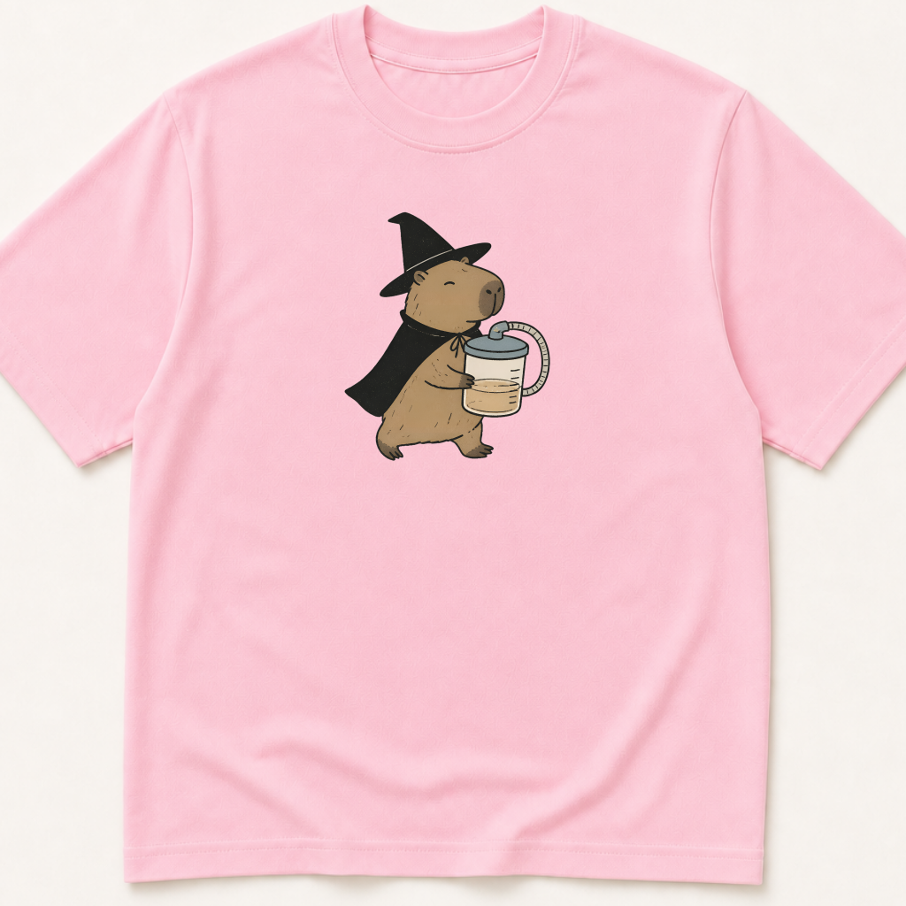 Alternate view of the illustrated Capybara in Witch Costume Holding a Suction Canister garment-dyed t-shirt.