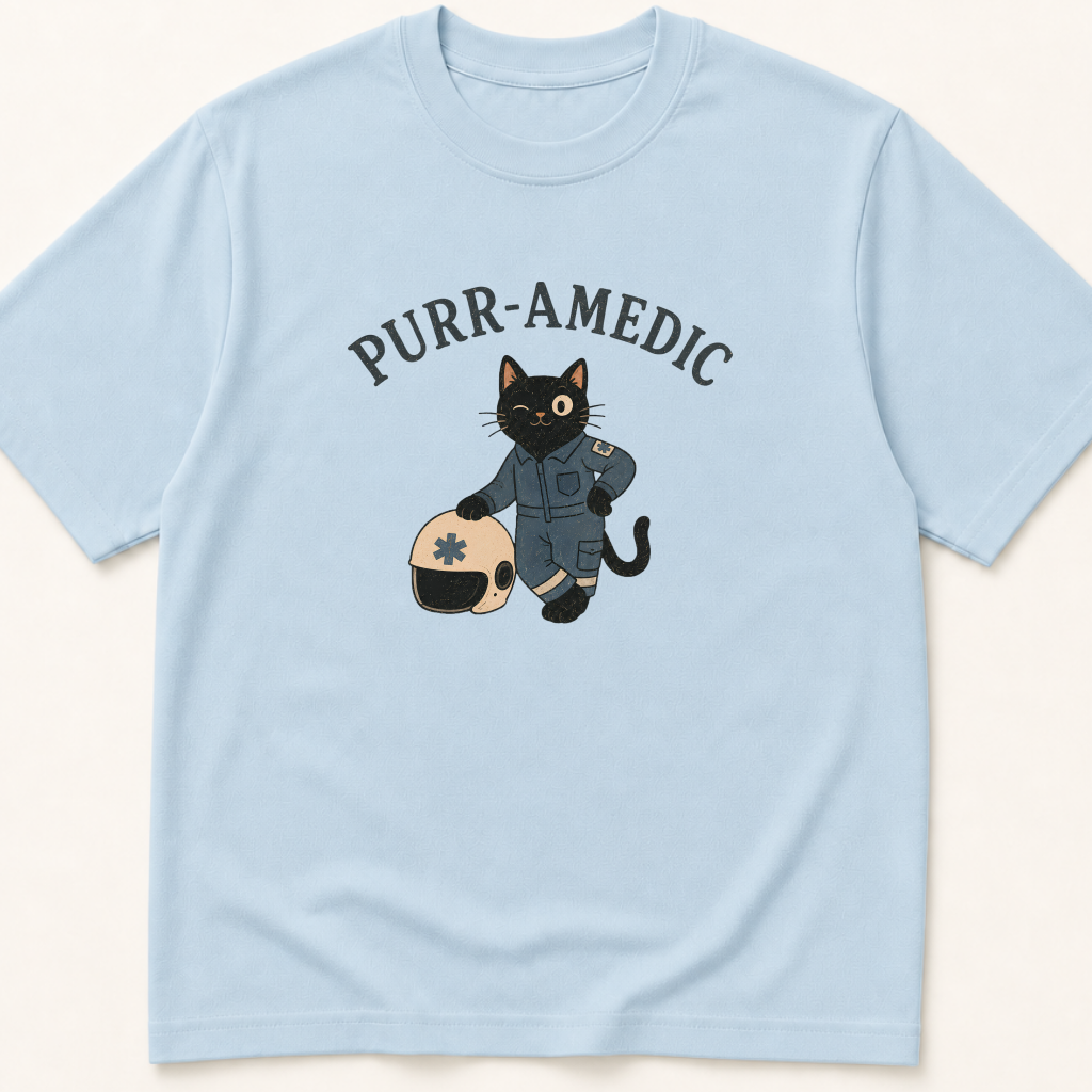 Alternate view of the illustrated Purr-amedic Cat EMT garment-dyed t-shirt.