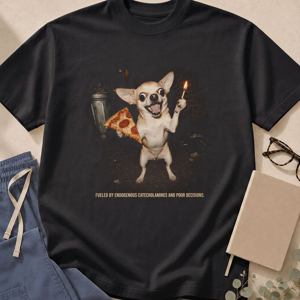 Garment-dyed unisex t-shirt printed with "Fueled by Endogenous Catecholamines and Poor Decisions" — emergency medicine and critical care humor tee for ER physicians and ICU nurses.
