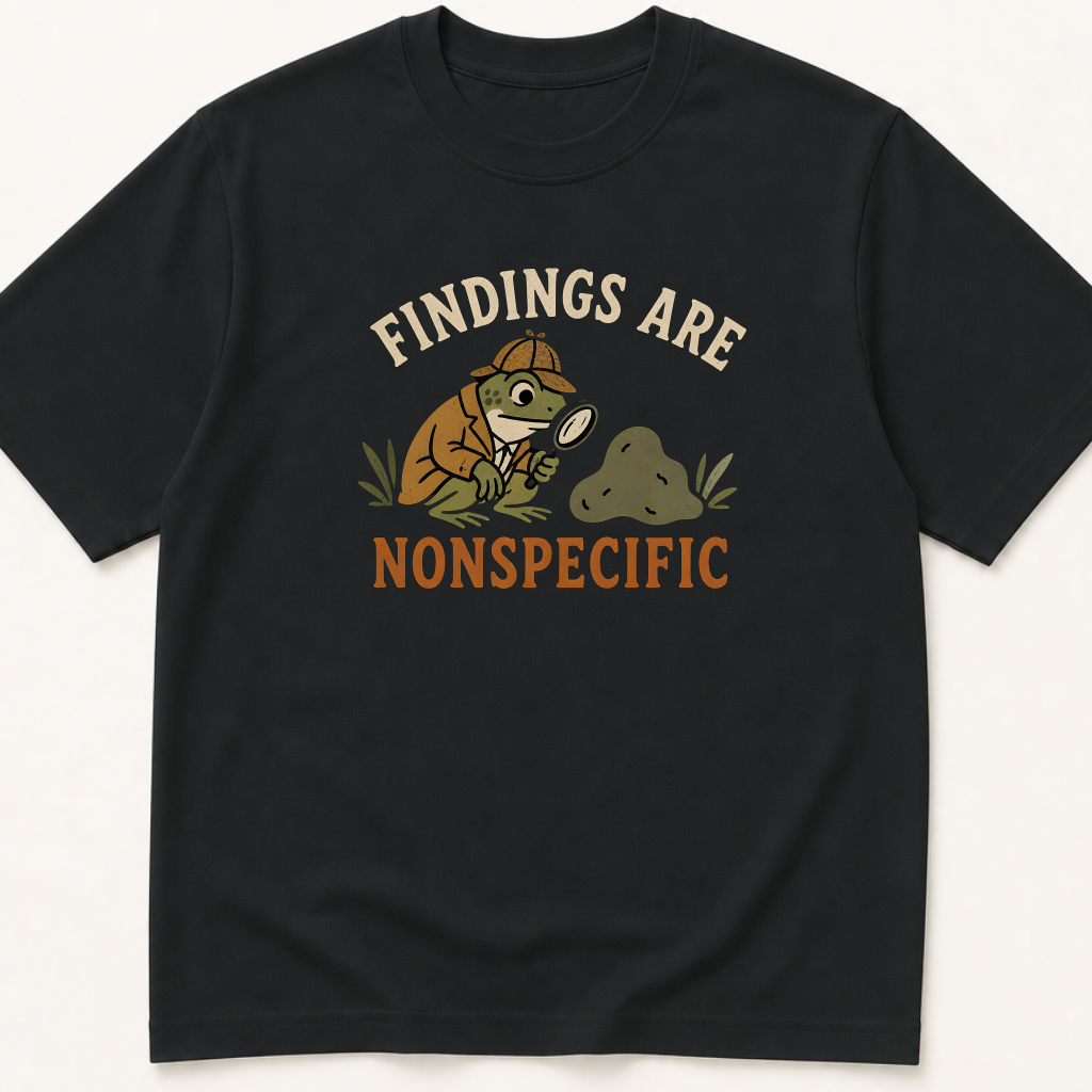 Garment-dyed unisex t-shirt printed with 'Findings Are Nonspecific' — Internal Medicine humor tee for Pathology and Radiology professionals.