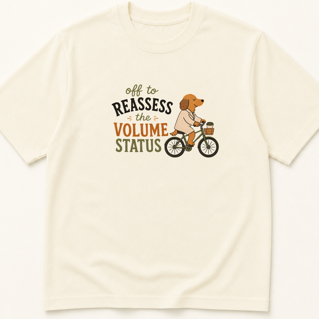 Garment-dyed unisex t-shirt printed with 'Off to Reassess the Volume Status' — Cardiology humor tee for Critical Care, Emergency Medicine, and Hospital Medicine professionals.