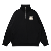 Black quarter-zip sweatshirt with 'Meconium Happens' newborn design
