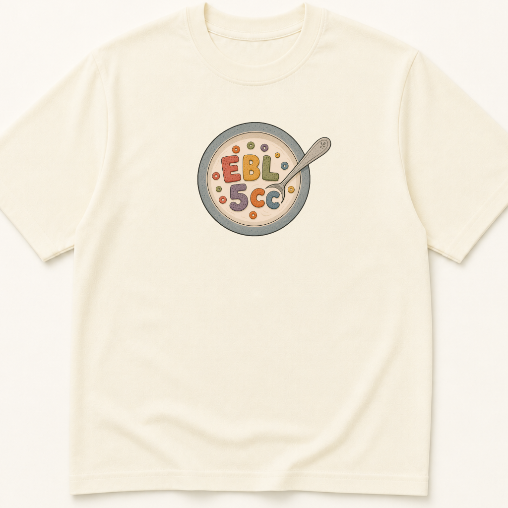 Garment-dyed unisex t-shirt printed with 'EBL 5cc' — Anesthesiology humor tee for Surgery and Surgical Technology professionals.