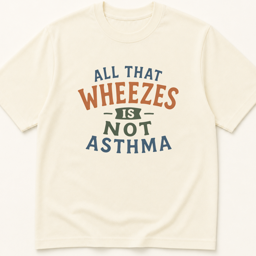 Garment-dyed unisex t-shirt printed with 'All That Wheezes is Not Asthma' — Emergency Medicine humor tee for Family Medicine, Internal Medicine, and Pulmonology professionals.