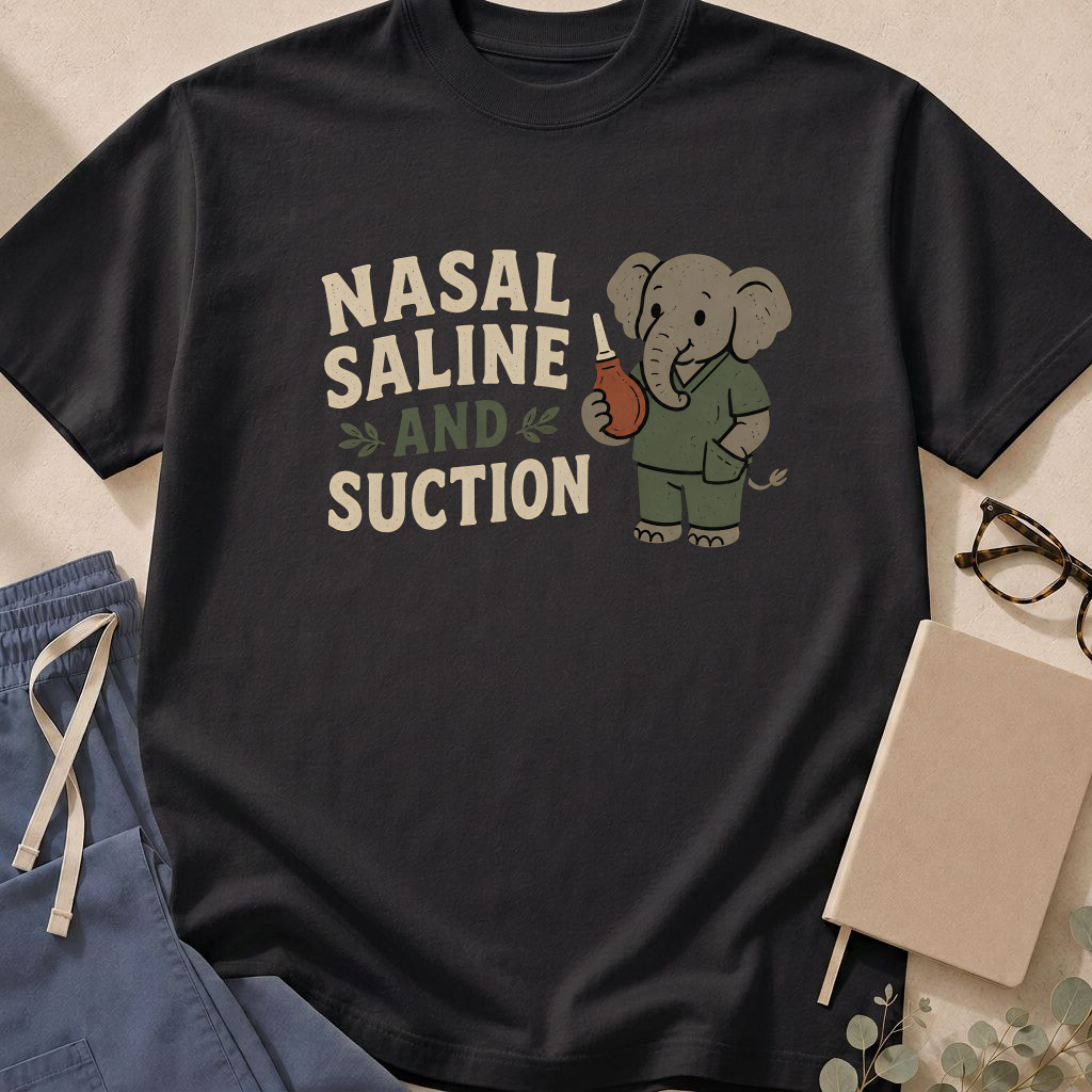 Garment-dyed unisex t-shirt printed with 'Nasal Saline and Suction' — pediatrics humor tee for peds and NICU nurses.