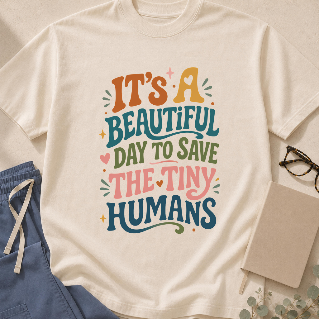 Garment-dyed unisex t-shirt printed with 'It's a Beautiful Day to Save the Tiny Humans' — pediatrics humor tee.