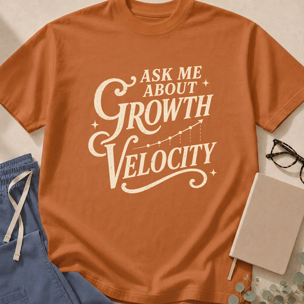 Additional colorway of the "Ask Me About Growth Velocity" garment-dyed pediatric endocrinology t-shirt
