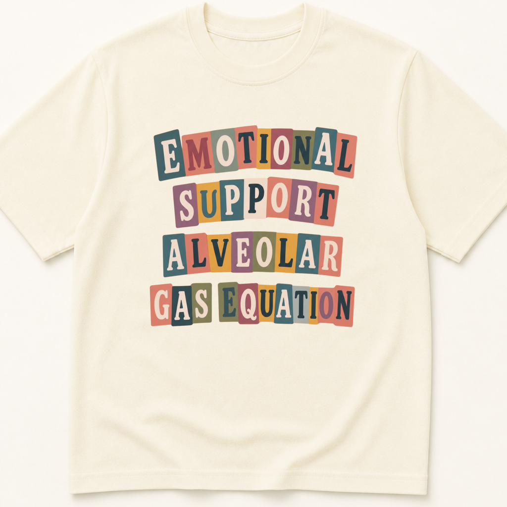 Garment-dyed unisex t-shirt printed with 'Emotional Support Alveolar Gas Equation' — Anesthesiology humor tee for Critical Care, Emergency Medicine, and Pulmonology professionals.
