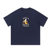 Mockup of coffee cotton T-shirt with a peeled banana with the words "Keep K above 4, thx bye".