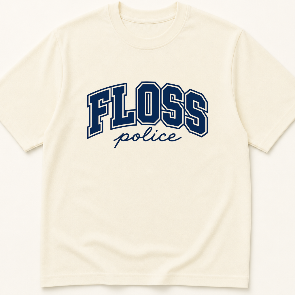 Garment-dyed unisex t-shirt printed with 'Floss Police' — a Dental humor tee.