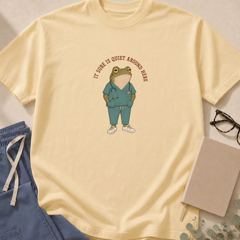 Chambray colorway of the 'It Sure Is Quiet Around Here' garment-dyed frog t-shirt.
