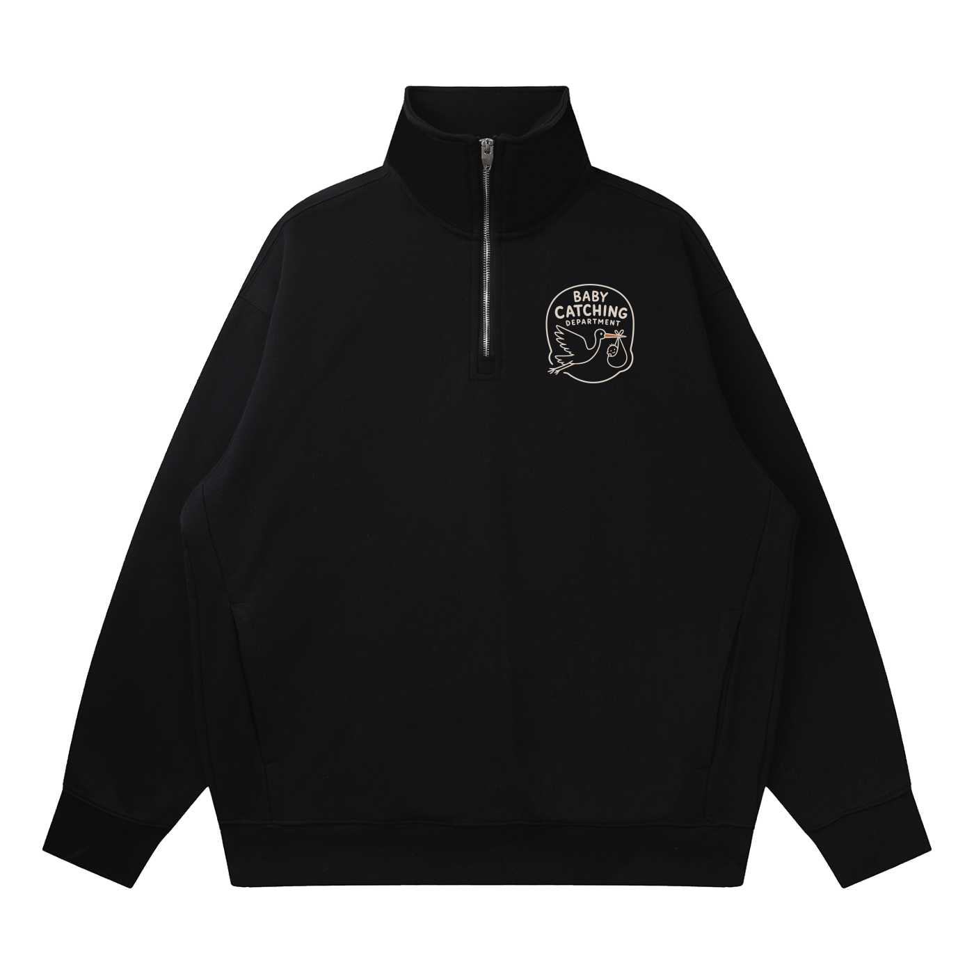 Black quarter-zip sweatshirt with 'Baby Catching Department' stork design