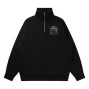 Black quarter-zip sweatshirt with 'Baby Catching Department' stork design