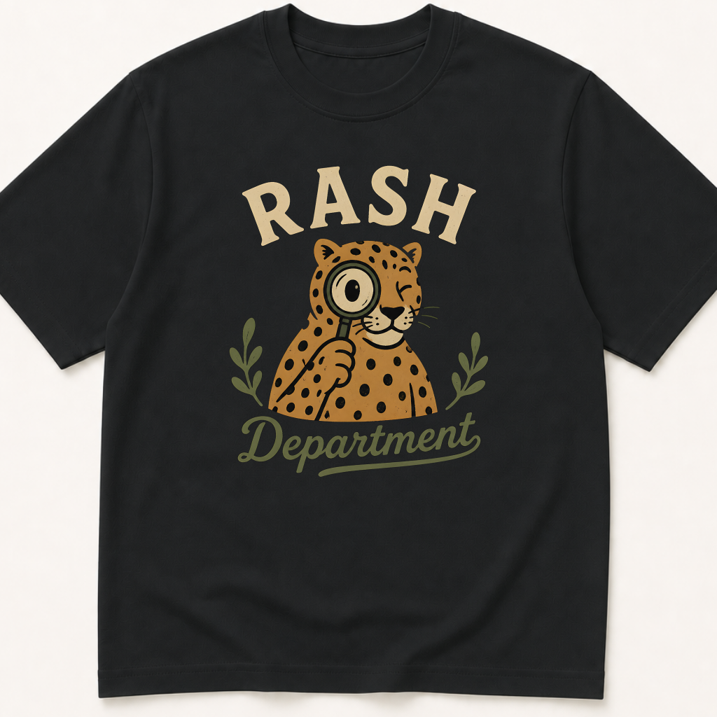 Garment-dyed unisex t-shirt printed with 'Rash Department' — Allergy & Immunology humor tee for Dermatology, Family Medicine, and Pediatrics professionals.