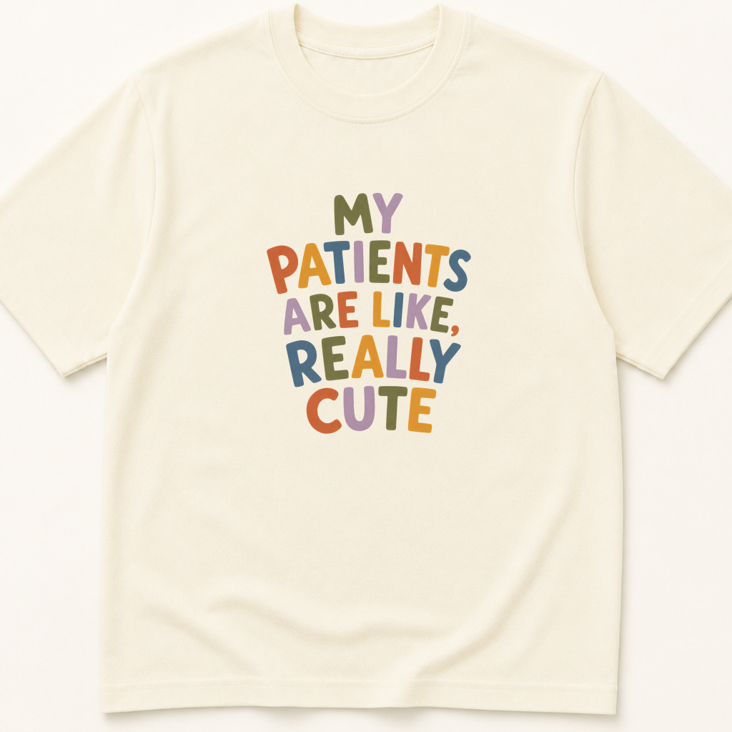Garment-dyed unisex t-shirt printed with 'My Patients Are Like Really Cute' — Family Medicine humor tee for Nursing and Pediatrics professionals.