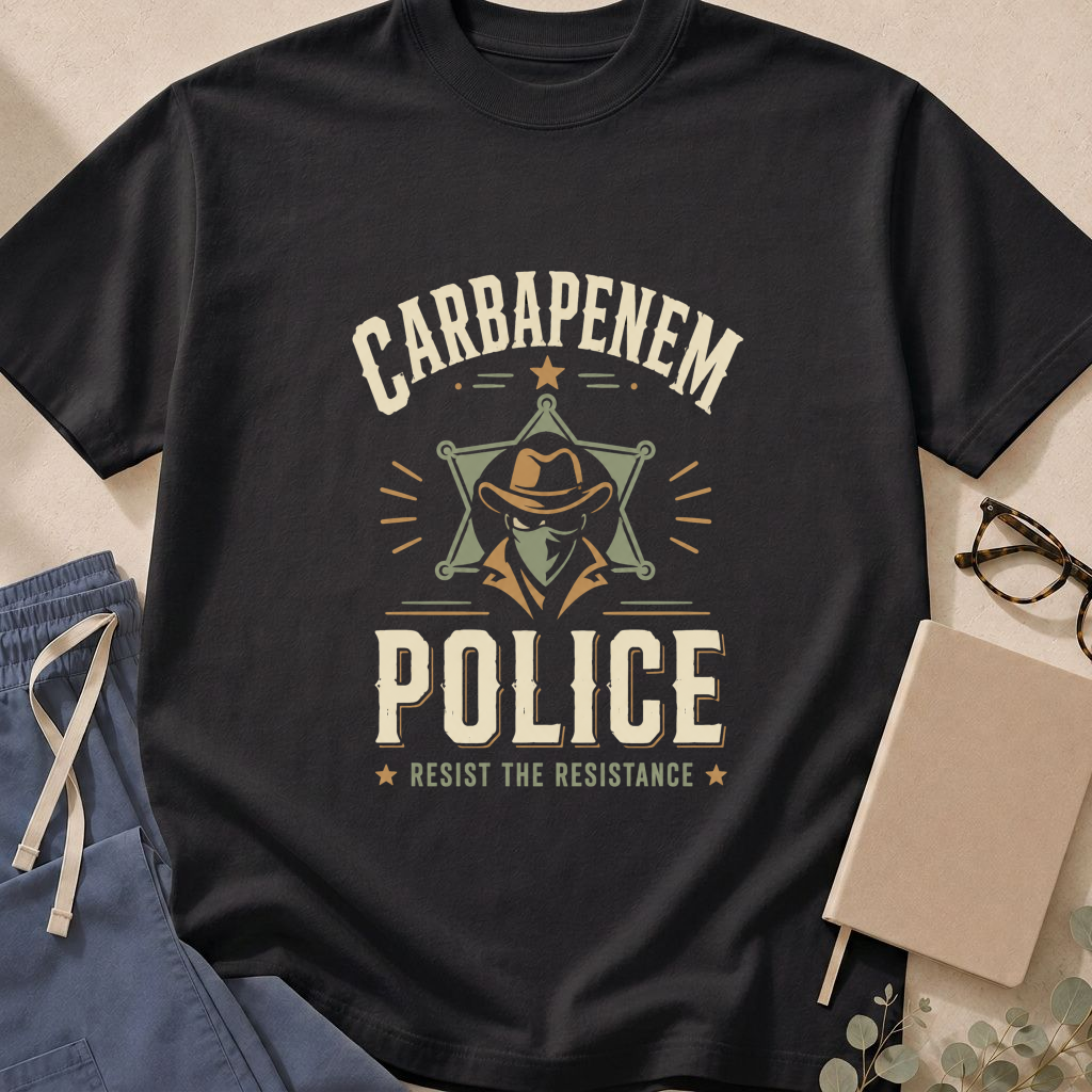 Garment-dyed unisex t-shirt printed with 'Carbapenem Police' — infectious disease stewardship humor tee.