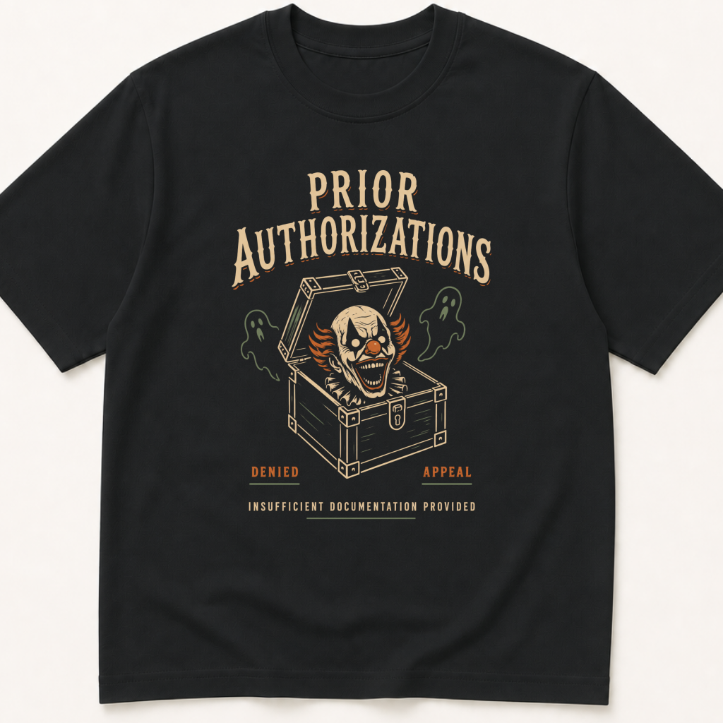 Garment-dyed unisex t-shirt printed with 'Prior Authorizations: Halloween Edition' — Family Medicine humor tee for Internal Medicine, Pharmacy, and Primary Care professionals.