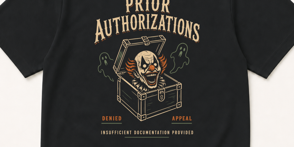 Garment-dyed unisex t-shirt printed with 'Prior Authorizations: Halloween Edition' — Family Medicine humor tee for Internal Medicine, Pharmacy, and Primary Care professionals.
