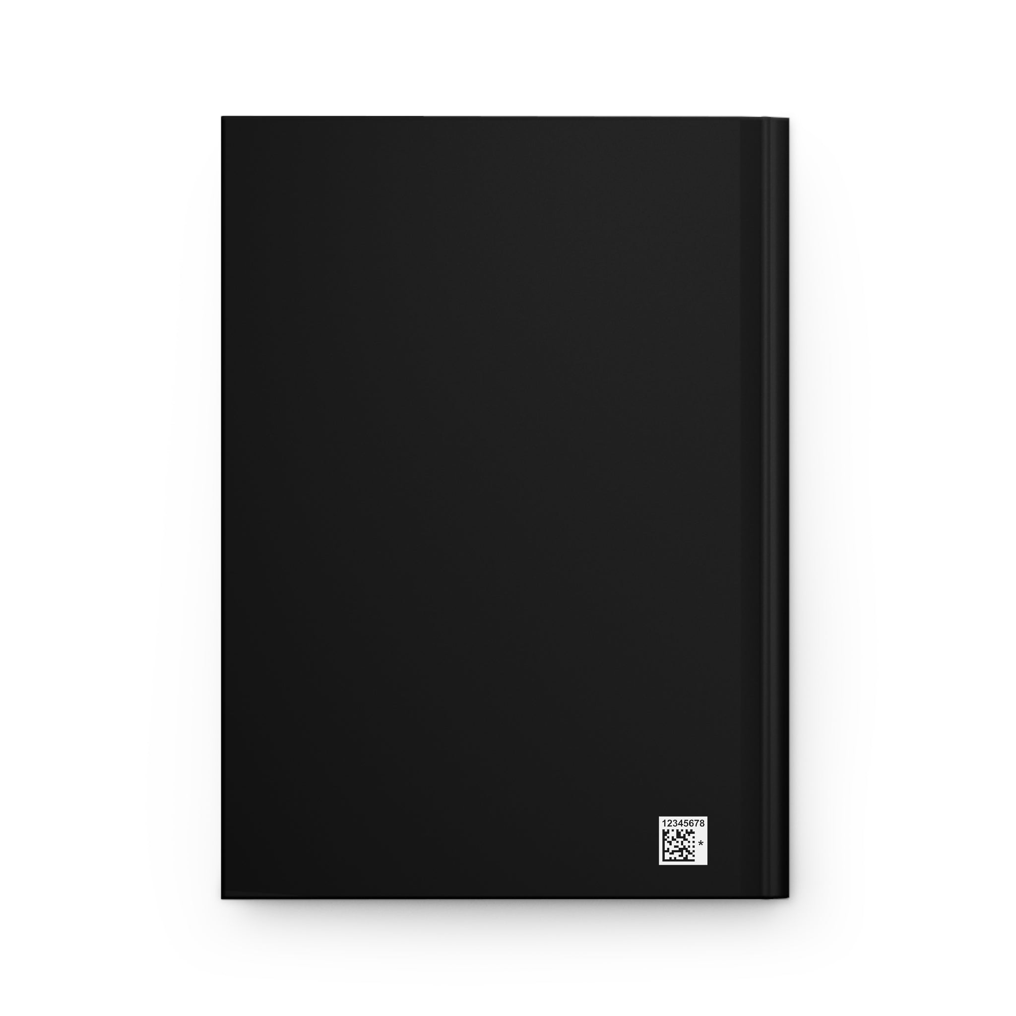 Plain black hardcover journal back cover with a small production barcode at the bottom right