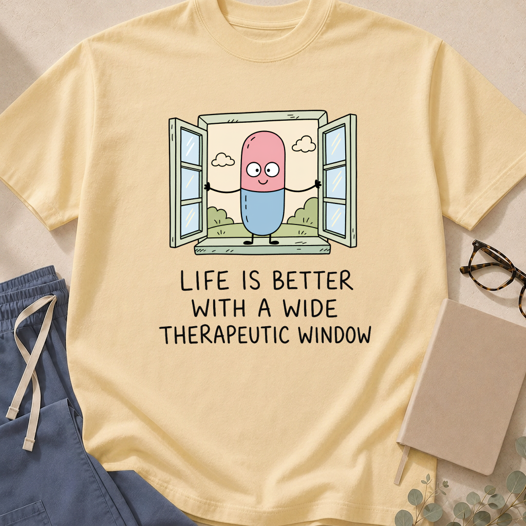 Detail view of the 'Life Is Better With a Wide Therapeutic Window' garment-dyed pharmacology t-shirt.