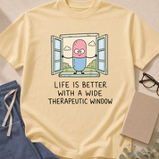 Detail view of the 'Life Is Better With a Wide Therapeutic Window' garment-dyed pharmacology t-shirt.