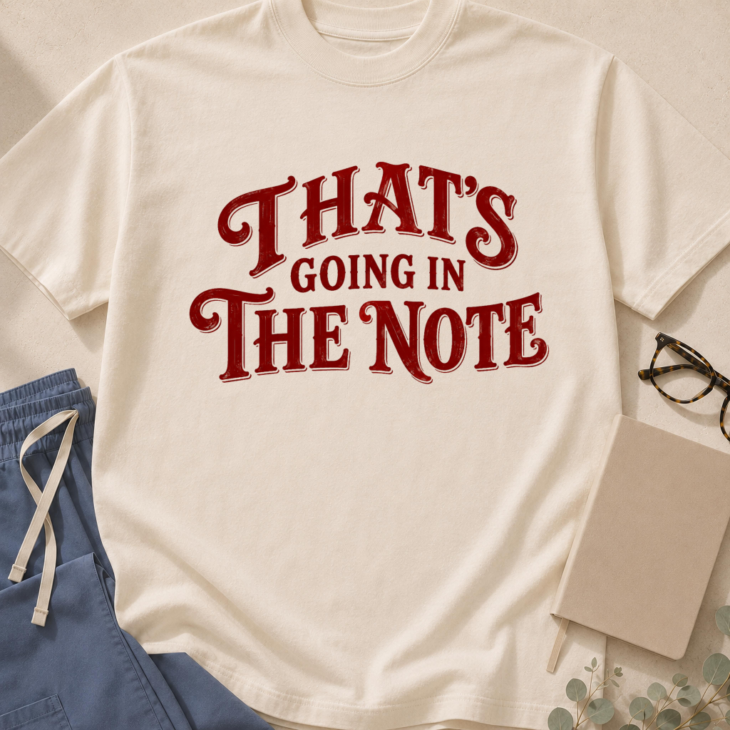 Garment-dyed unisex t-shirt printed with "That's Going in the Note" — hospital medicine humor tee for physicians and residents