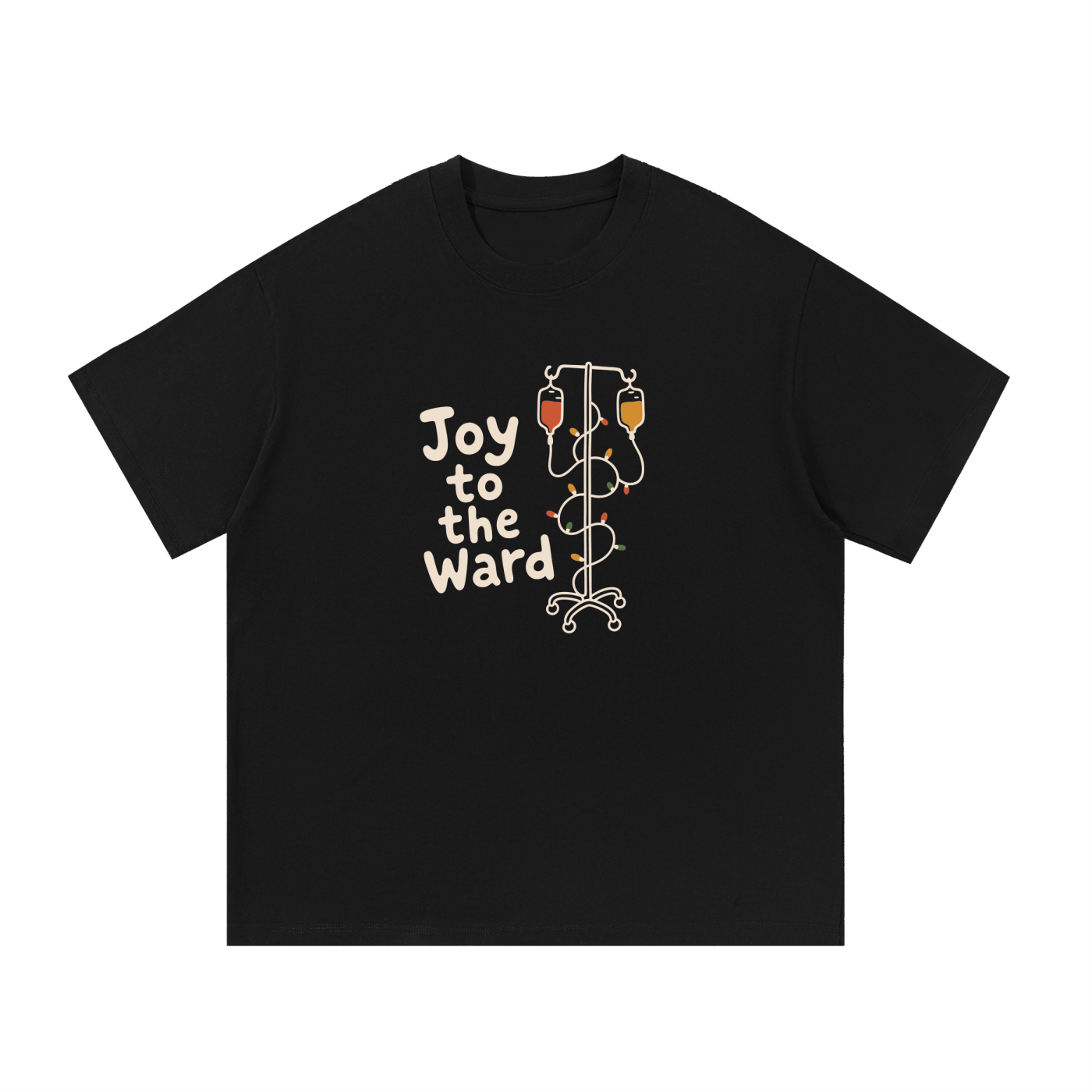 Mockup of a black cotton T-shirt with 'Joy to the Ward' beside an IV pole wrapped in holiday lights