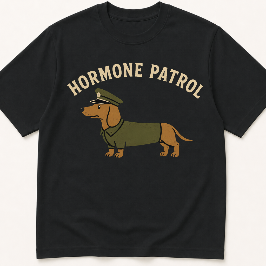 Garment-dyed unisex t-shirt printed with 'Hormone Patrol' — Endocrinology humor tee for Pediatric Endocrinology and Pediatrics professionals.