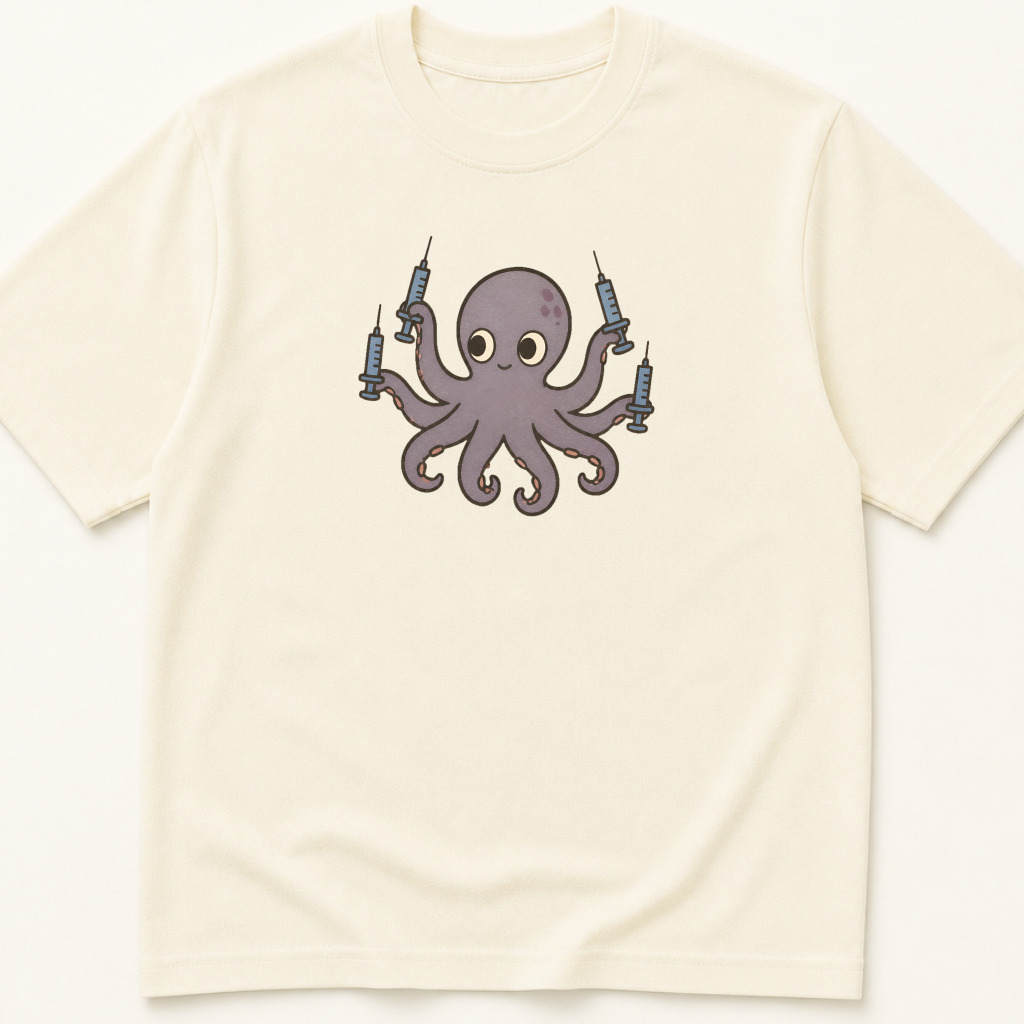 Garment-dyed unisex t-shirt featuring an illustrated Octopus with Syringes design — Nursing humor tee for Phlebotomy professionals.