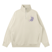 Light gray quarter-zip sweatshirt with 'Girls Just Wanna Have Fundus' stomach design