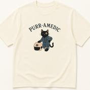 Garment-dyed unisex t-shirt featuring an illustrated Purr-amedic Cat EMT design — Emergency Medicine humor tee for EMS/Paramedic professionals.