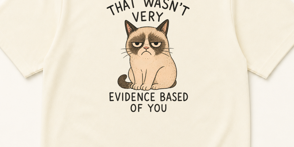 Garment-dyed unisex t-shirt printed with 'That Wasn't Very Evidence Based of You' — Epidemiology humor tee for Evidence-Based Medicine, Family Medicine, and Internal Medicine professionals.