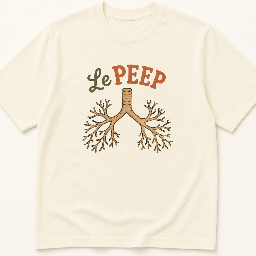 Garment-dyed unisex t-shirt printed with 'Le PEEP' — Anesthesiology humor tee for Critical Care, Pulmonology, and Respiratory Therapy professionals.