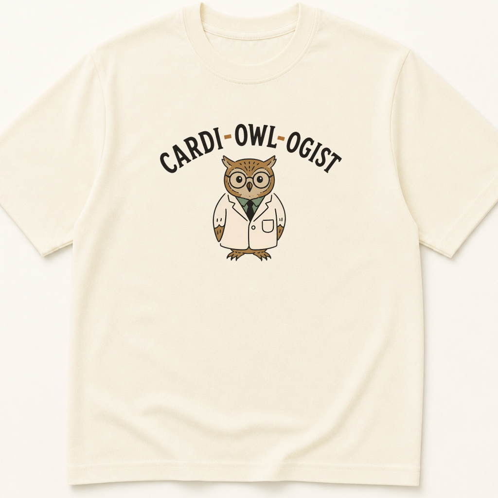 Garment-dyed unisex t-shirt featuring an illustrated Cardi-OWL-ogist design — a Cardiology humor tee.