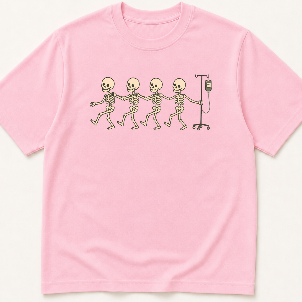 Alternate view of the illustrated Skeletons Doing Conga Line Pulling IV Pole garment-dyed t-shirt.