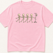 Alternate view of the illustrated Skeletons Doing Conga Line Pulling IV Pole garment-dyed t-shirt.