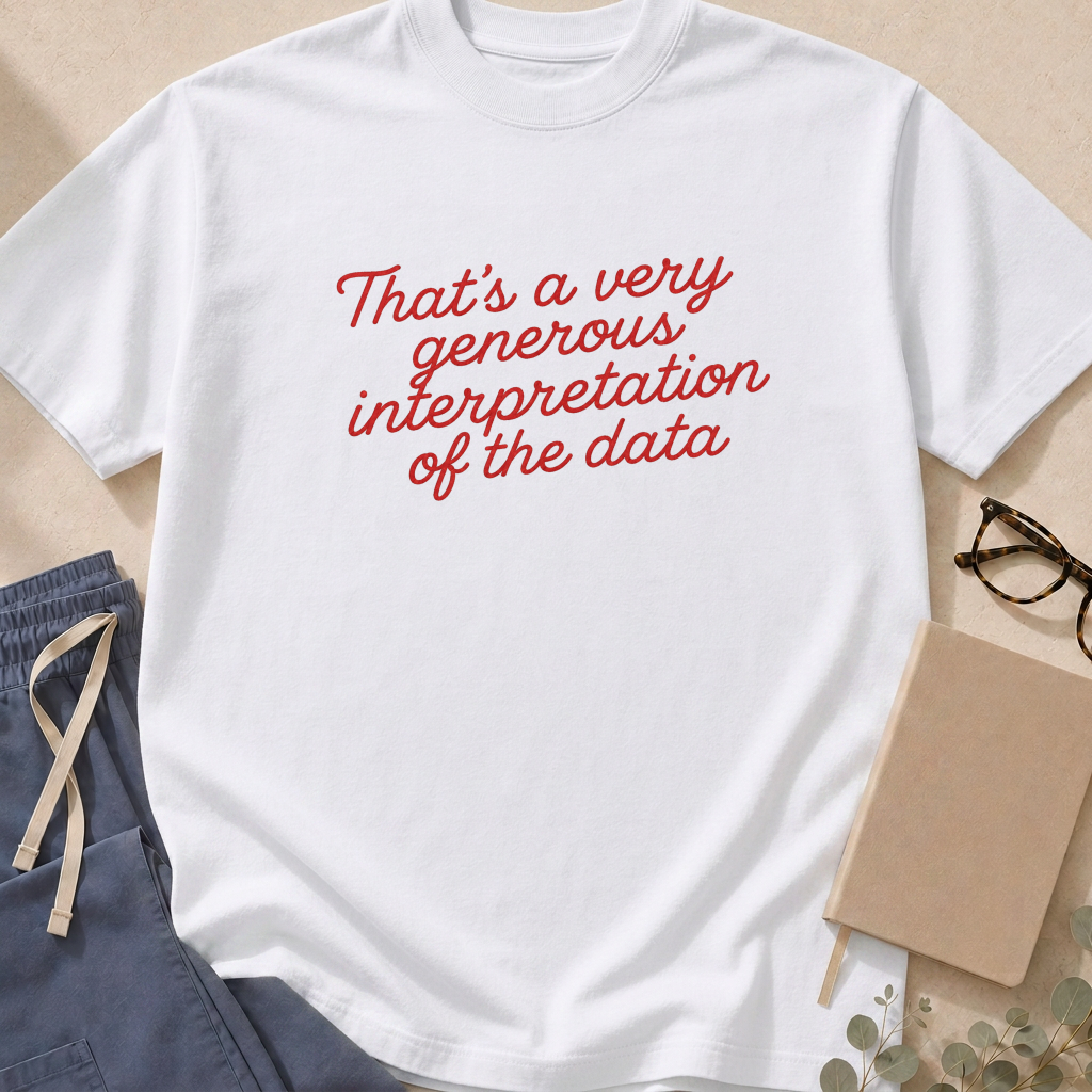 Additional colorway of the "That's a Very Generous Interpretation of the Data" garment-dyed evidence-based medicine t-shirt.
