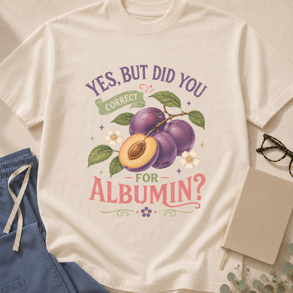 Garment-dyed unisex t-shirt printed with "Correct for Albumin" — calcium correction and nephrology humor tee