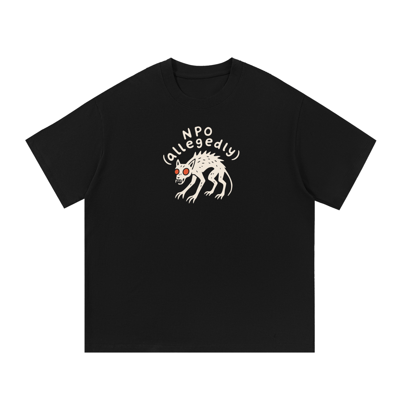 Mockup of black cotton T-shirt with a chupacabra with the words "NPO (allegedly)".