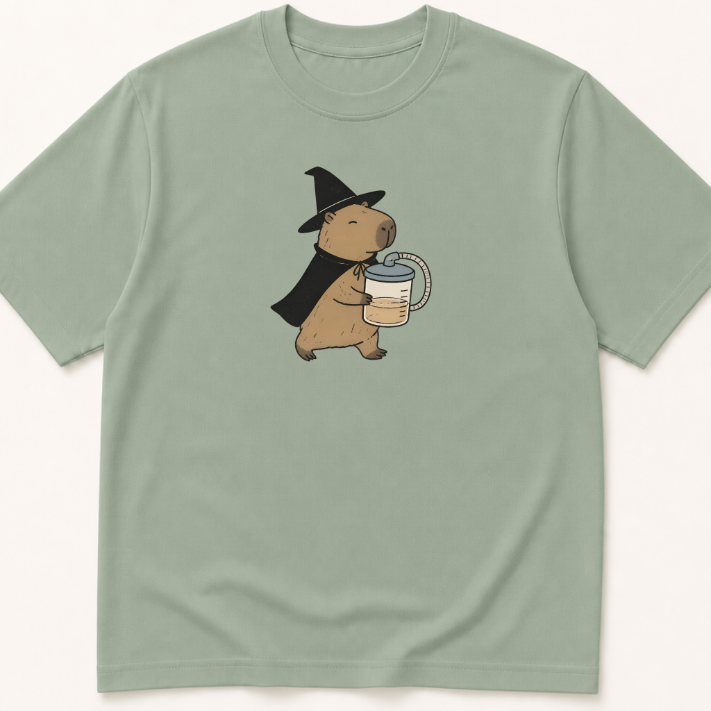Alternate view of the illustrated Capybara in Witch Costume Holding a Suction Canister garment-dyed t-shirt.