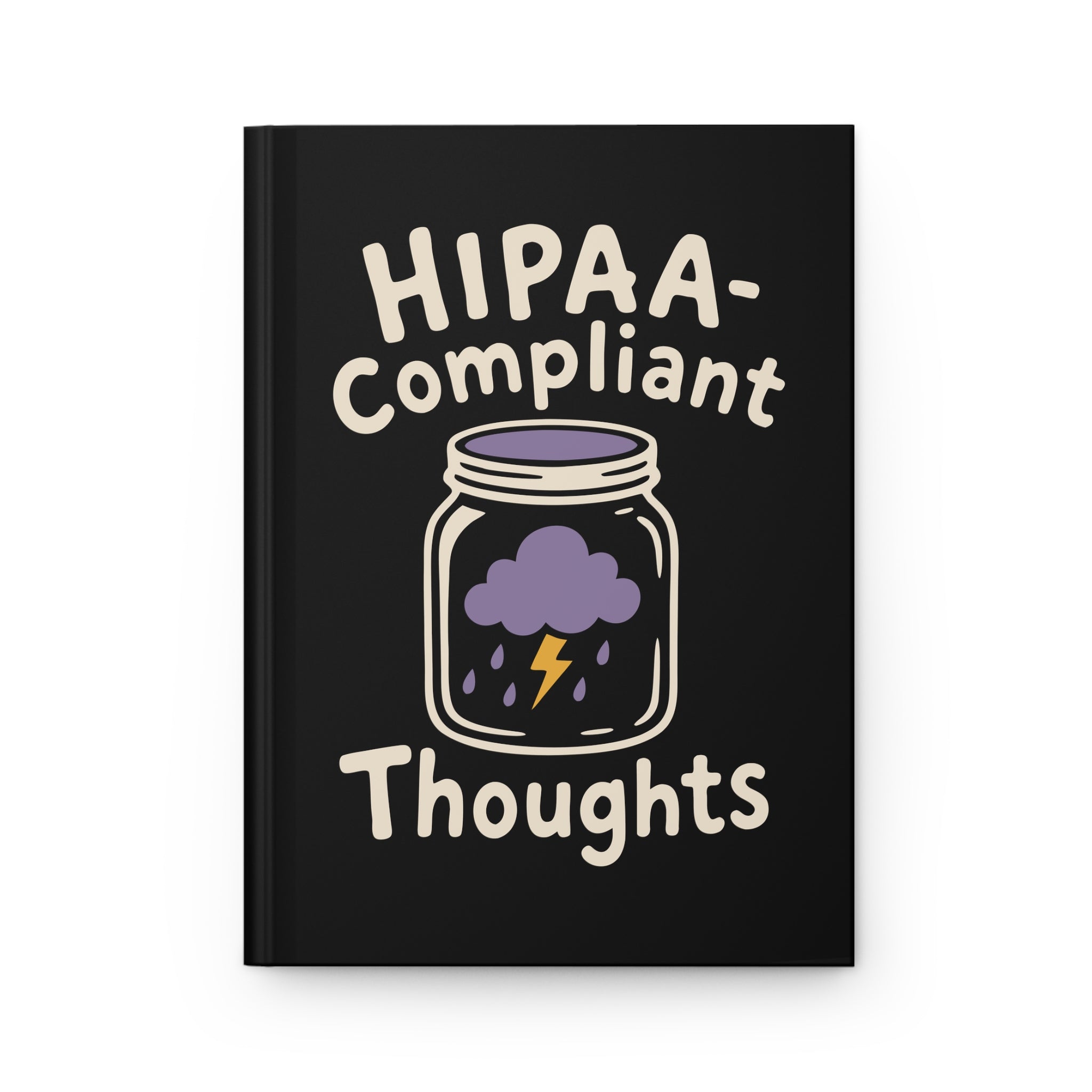 Front cover mockup of a black hardcover journal with "HIPAA-Compliant Thoughts" and a jar holding a purple storm cloud