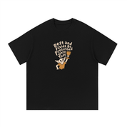 Mockup of a black cotton T-shirt printed 'Rest and Fluids Be Prescribed Unto Thee.'