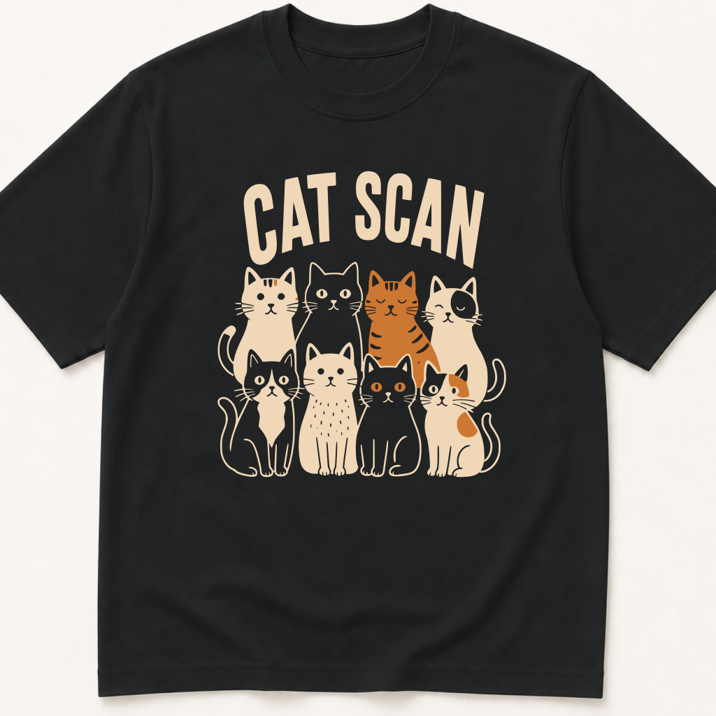 Garment-dyed unisex t-shirt printed with 'Cat Scan' — Emergency Medicine humor tee for Radiology professionals.