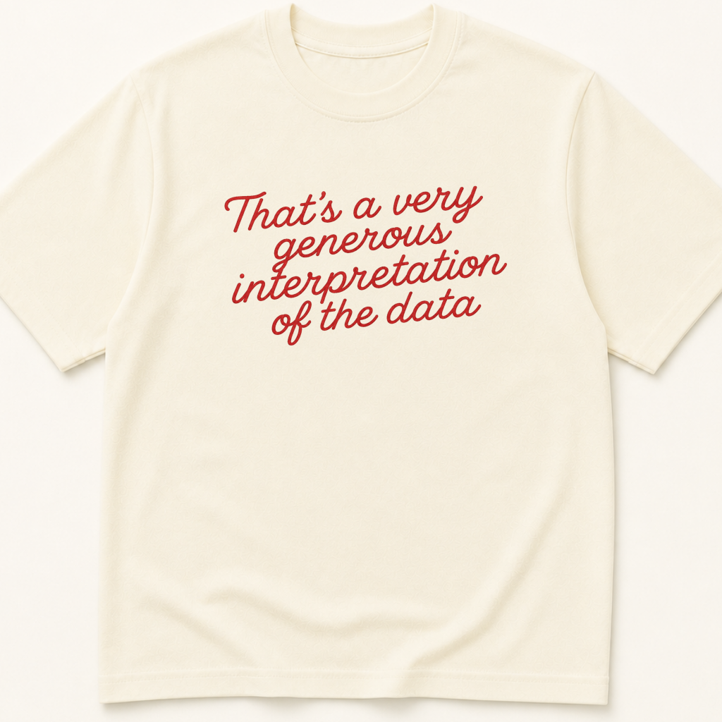 Garment-dyed unisex t-shirt printed with 'That's a Very Generous Interpretation of the Data' — Epidemiology humor tee for Evidence-Based Medicine, Family Medicine, and Internal Medicine professionals.
