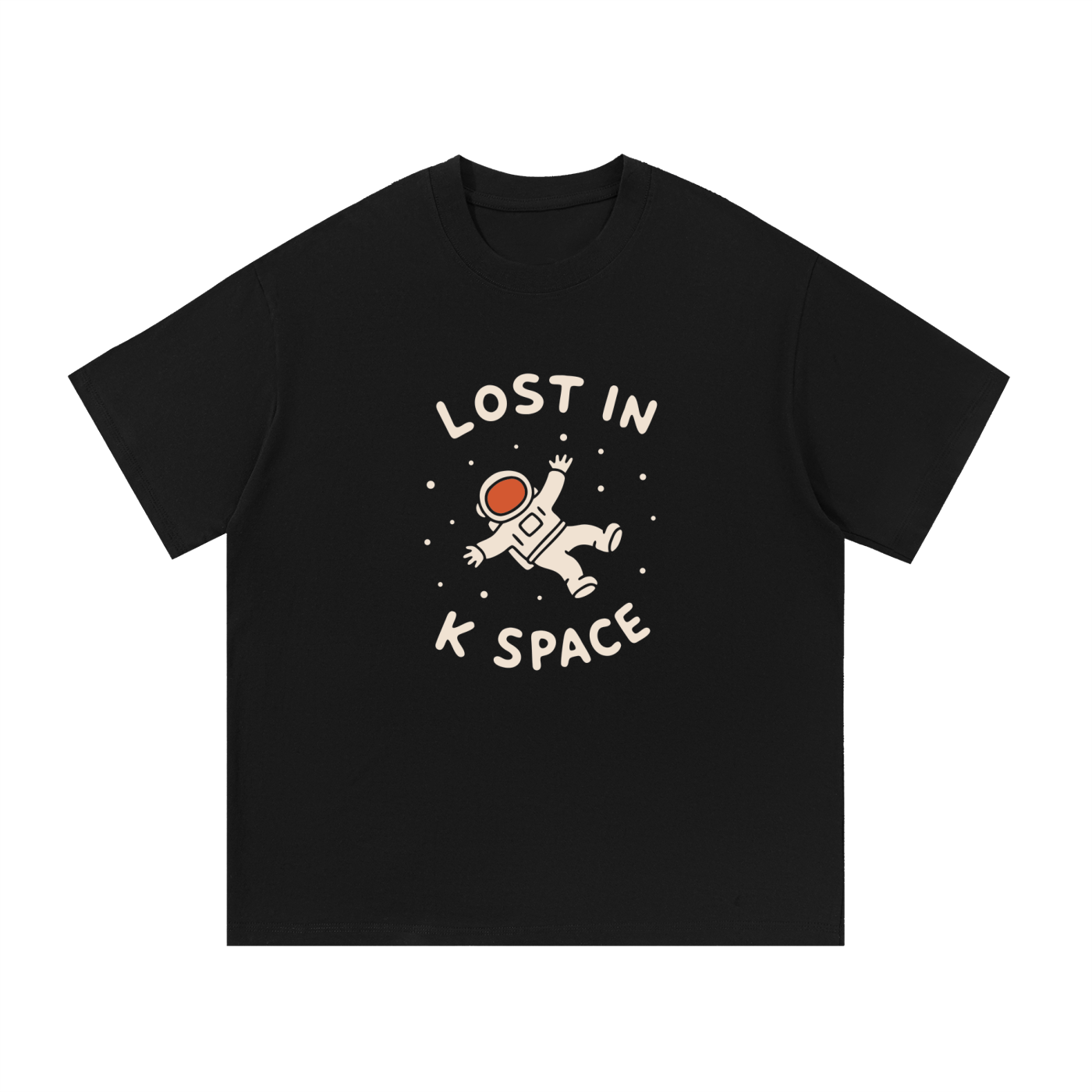 Mockup of a black cotton T-shirt with an astronaut floating between the words 'Lost in K Space'